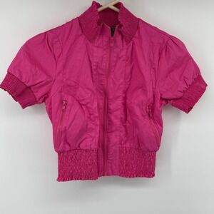 Y2K Last Kiss Cropped Moto Jacket Pink Womens Small Zip Front Smocked Waist
